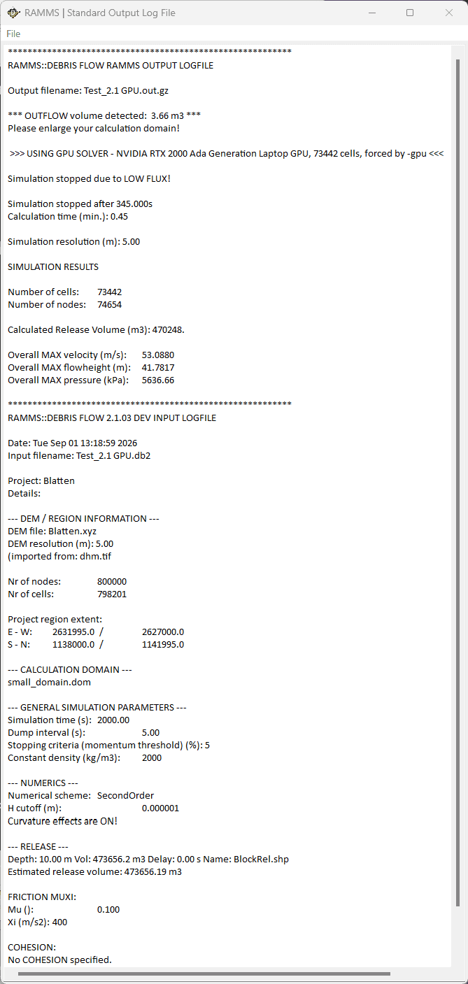 RAMMS 泥石流 GPU 输出日志，包含设备、计算单元、停止原因及结果
