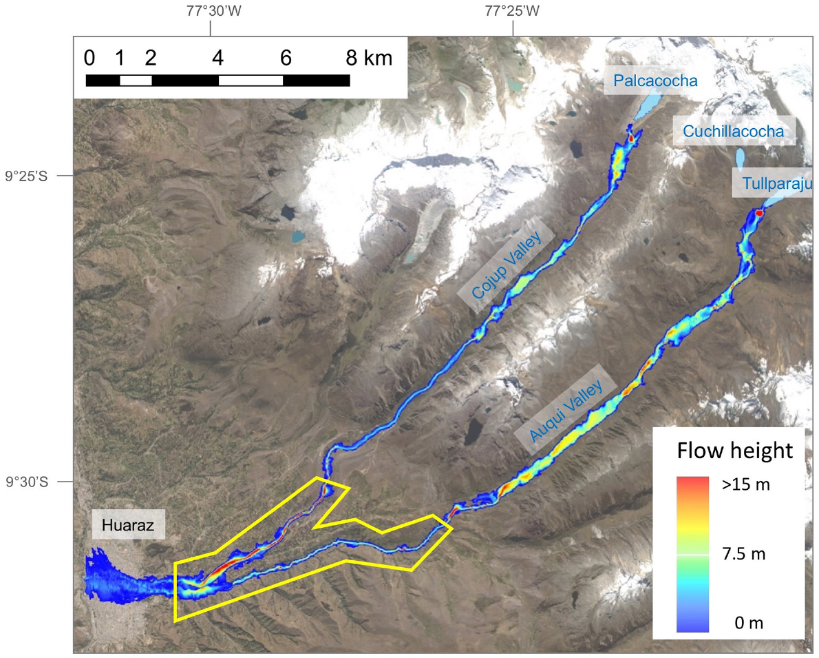 图3 RAMMS 模拟的冰湖溃决洪水—泥石流最大流深分布(Frey 等,2018,Frontiers in Earth Science 6:210,CC BY 4.0)